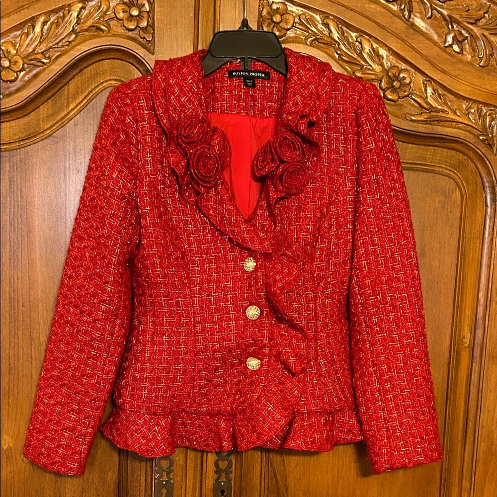 GORGEOUS BOSTON PROPER  RED /GOLD TWEED JACKET SIZE  2  WORN ONCE